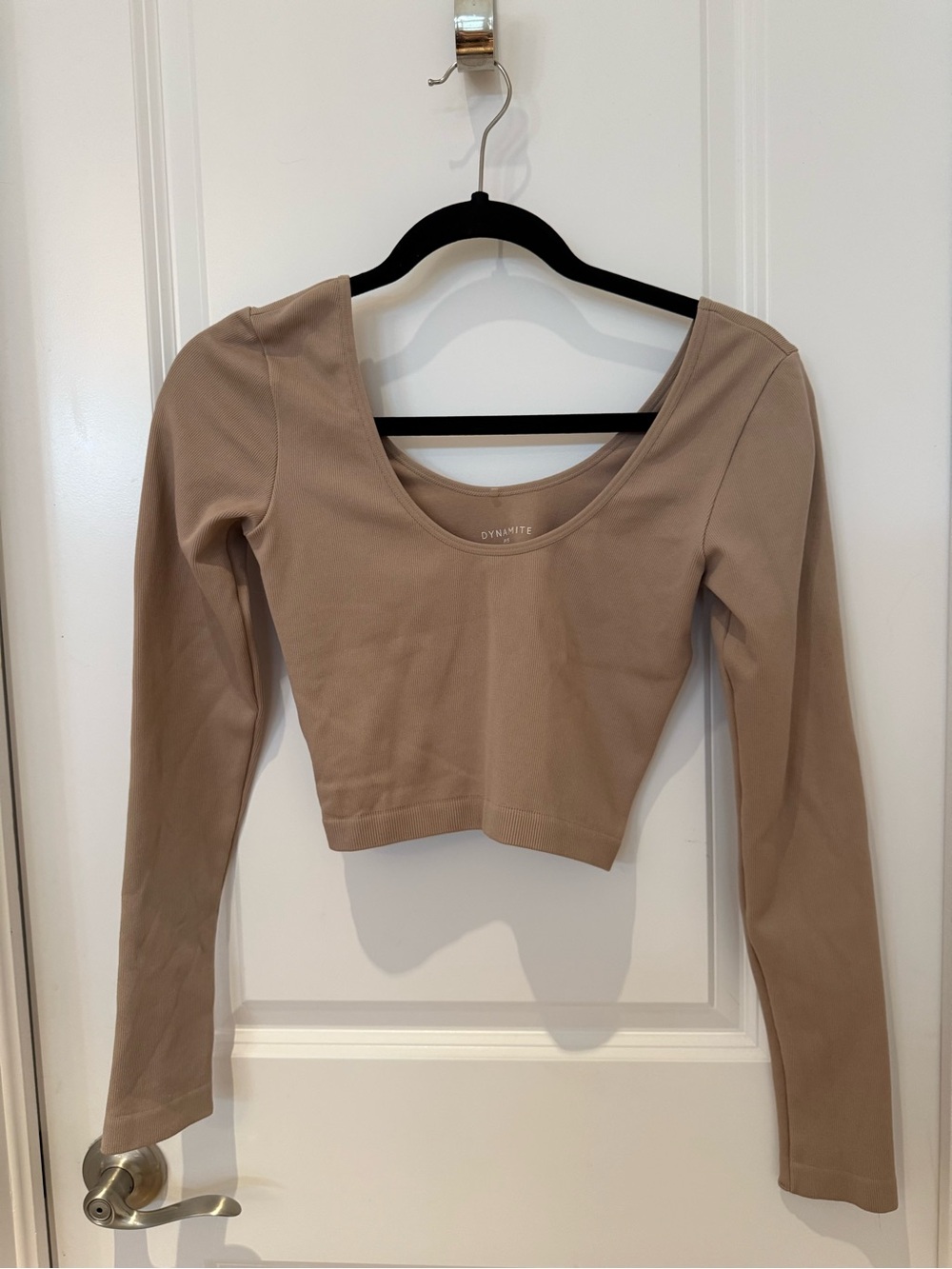 Dynamite Long Sleeve Ribbed Scoop Neck Crop Top - Beige Taupe